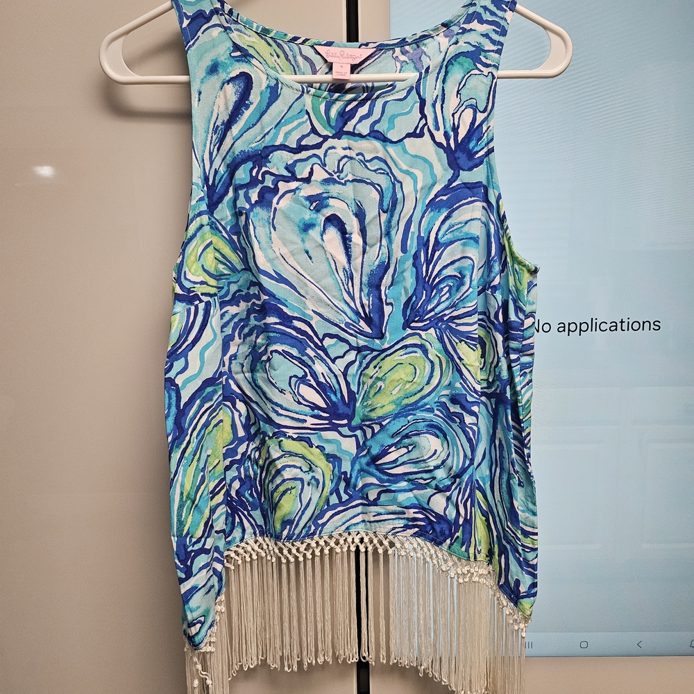 Lilly Pulitzer Sleeveless Fringe Hem Tank Top in Aqua Blue & Green